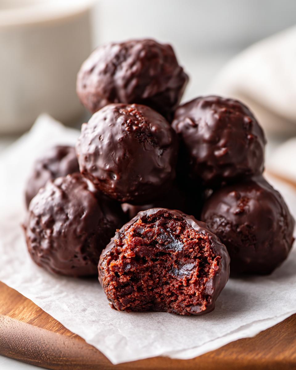 A stack of rich, chocolate-covered pecan pie balls, with one bitten to show the dense, dark interior.