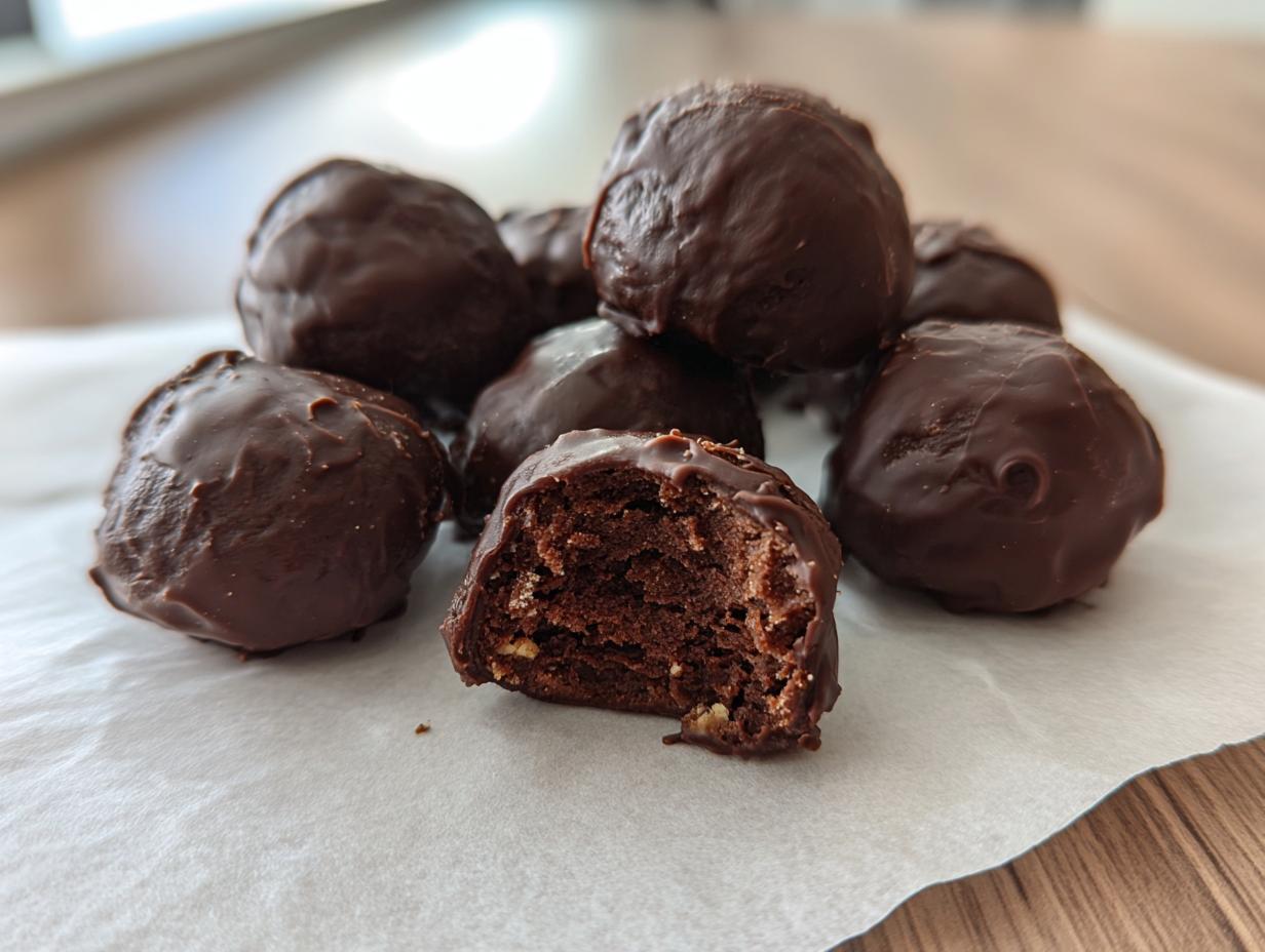 A pile of rich, chocolate-covered pecan pie balls, with one bitten open showing the dense interior.