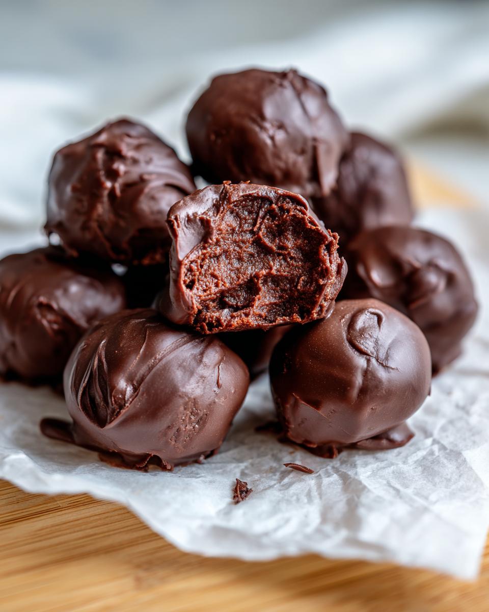 A stack of rich, chocolate-covered pecan pie balls, with one bitten in half showing the dense, dark interior.