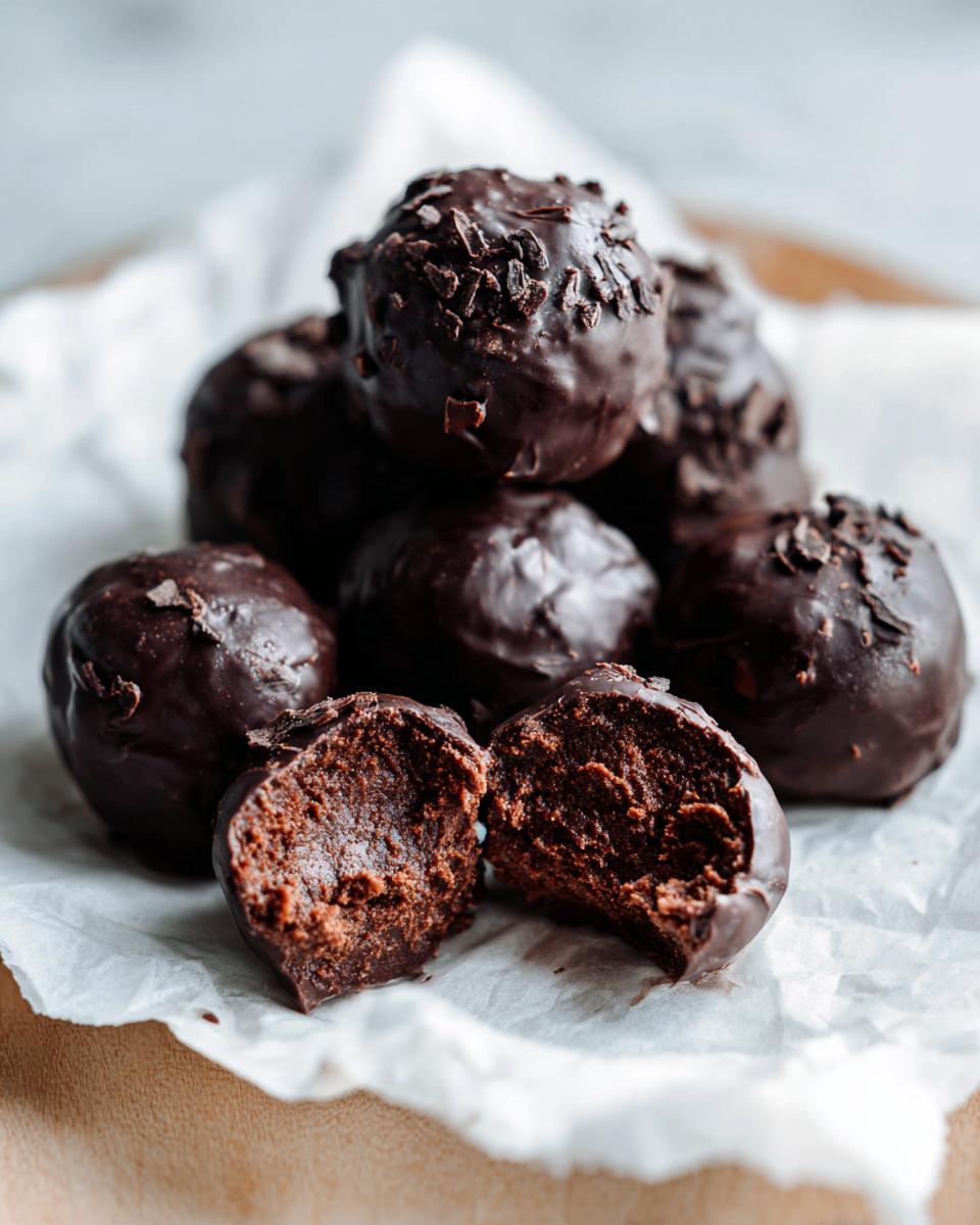 A pile of rich, dark chocolate-covered pecan pie balls, with one cut in half showing the dense, fudgy interior.