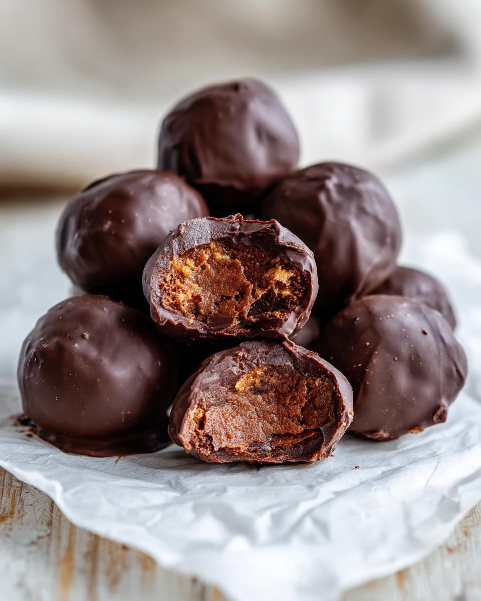 A stack of rich, chocolate-covered pecan pie balls, with two cut in half showing the gooey, brown filling.