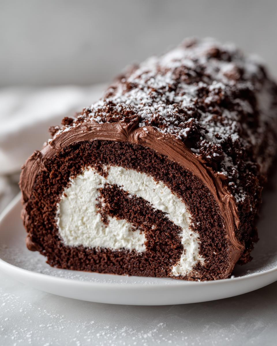 A close-up cross-section of a chocolate yule log cake showing the dark chocolate sponge rolled around a thick white cream filling.