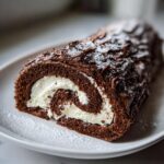A cross-section view of a rich chocolate yule log cake filled with white cream, dusted with powdered sugar.