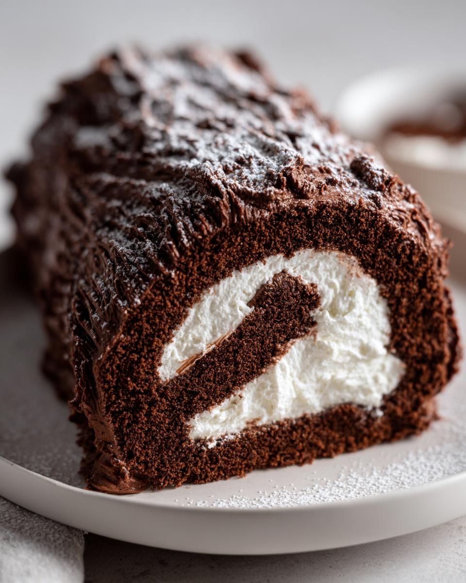 A close-up of a rich chocolate yule log cake slice showing the dark sponge rolled with white cream filling, dusted with powdered sugar.