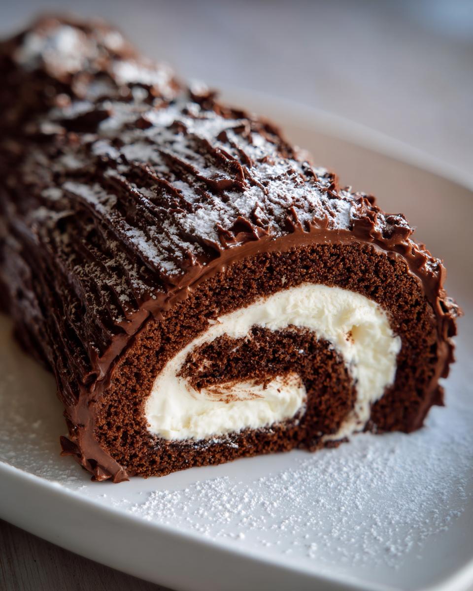 Close-up of a slice of chocolate yule log cake revealing the dark sponge and white cream swirl filling, dusted with powdered sugar.