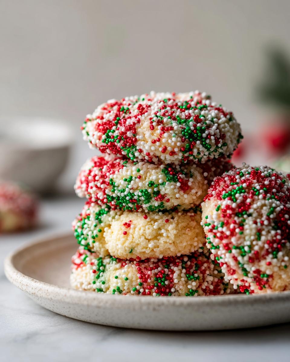 A stack of four soft Christmas sprinkle sugar cookies heavily coated in red, green, and white nonpareils.