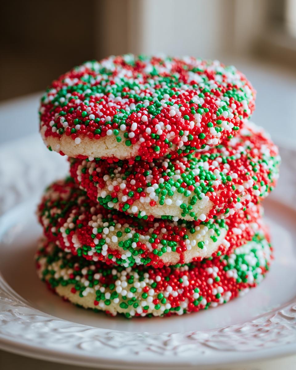 A stack of four soft Christmas sprinkle sugar cookies covered in red, green, and white nonpareils.