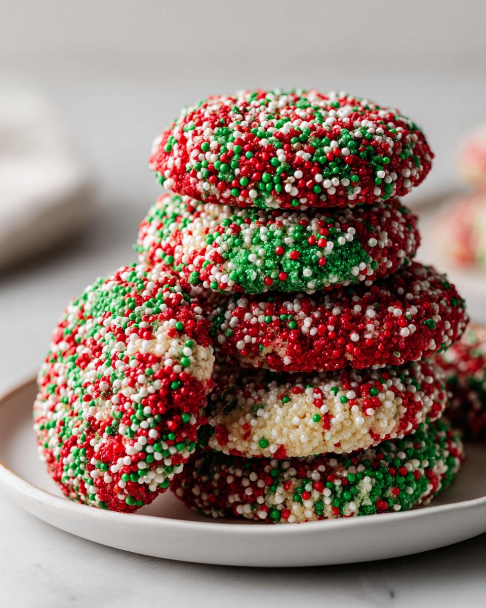 A stack of five soft Christmas sprinkle sugar cookies covered in red, green, and white nonpareils.