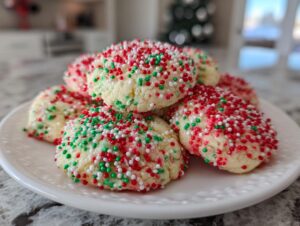 A close-up of several soft Christmas sprinkle sugar cookies covered in red, green, and white nonpareils, stacked on a white plate.
