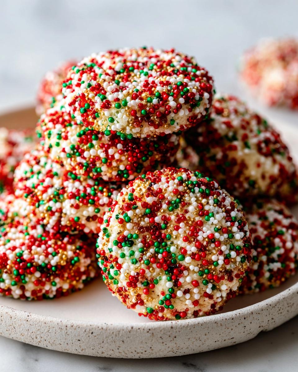 A stack of delicious Christmas sprinkle sugar cookies covered in red, green, white, and gold nonpareils.