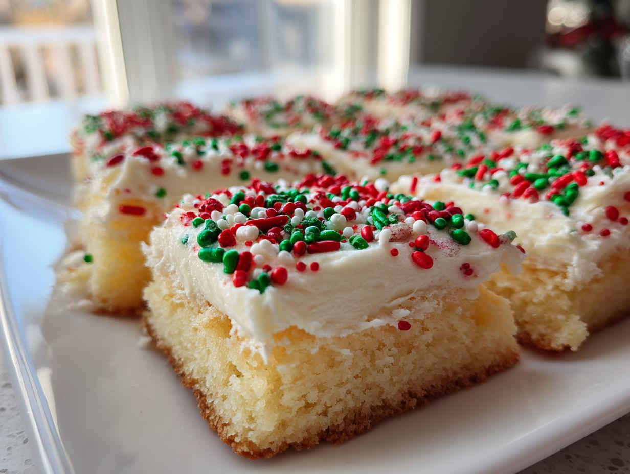 Close-up of soft, thick christmas sugar cookie bars topped with white frosting and festive red, green, and white sprinkles.