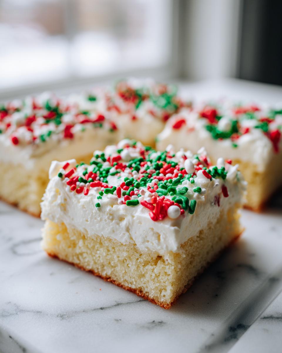 A square slice of fluffy christmas sugar cookie bars topped with thick white frosting and festive red, green, and white sprinkles.