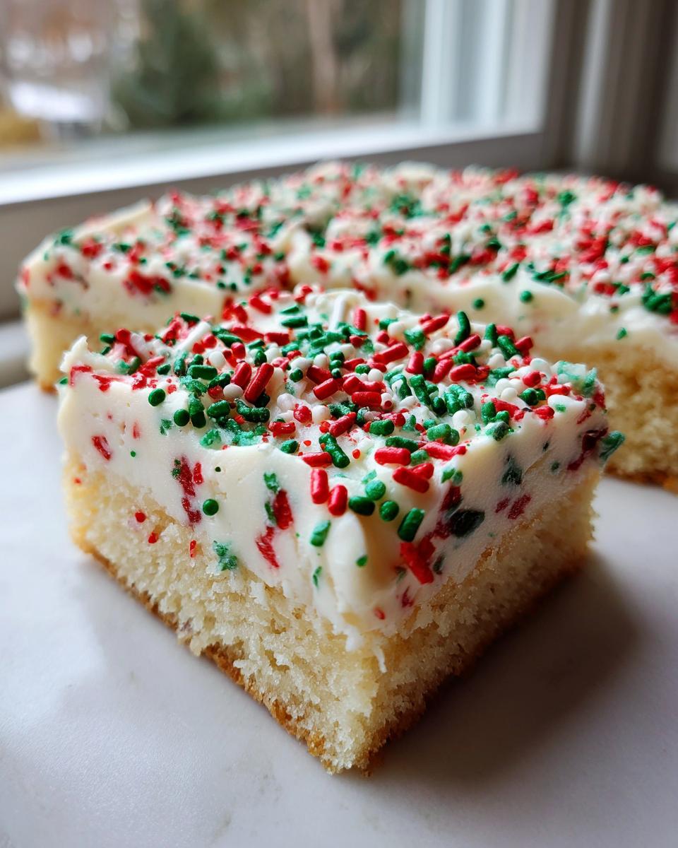 Close-up of a square slice of soft christmas sugar cookie bars topped with white frosting and red and green sprinkles.