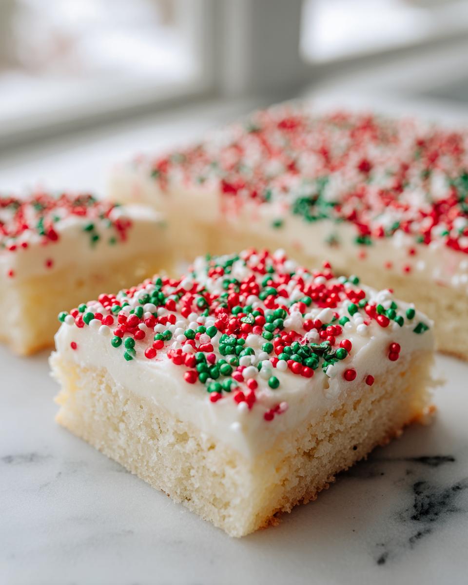 A square piece of soft Christmas sugar cookie bars topped with white frosting and festive red, green, and white sprinkles.