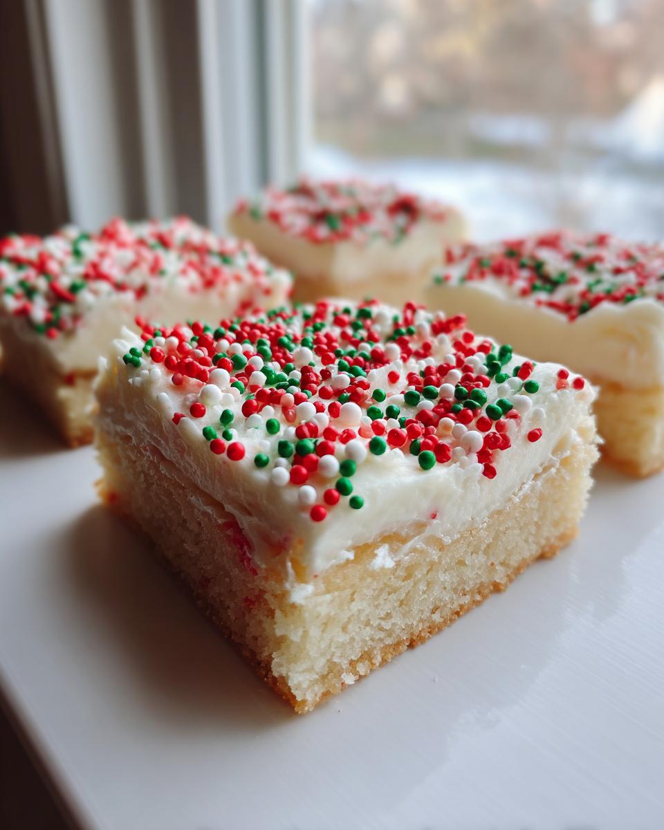 A square slice of thick christmas sugar cookie bars topped with white frosting and festive red, green, and white sprinkles.