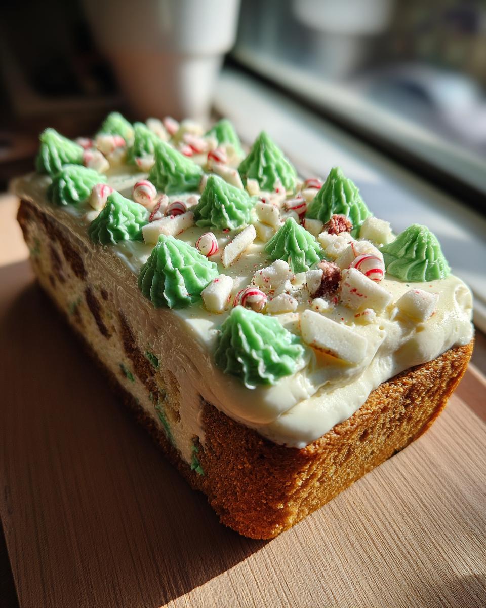 A close-up of a rectangular christmas tree cheesecake topped with white frosting, green piped trees, and crushed candy canes.