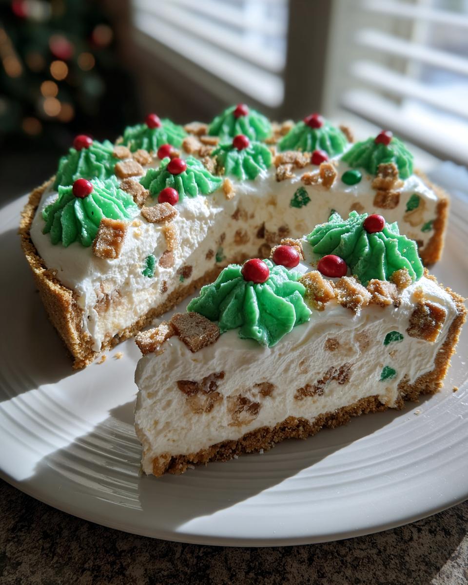 A slice cut from a festive Christmas tree cheesecake decorated with green frosting dollops and red candies.