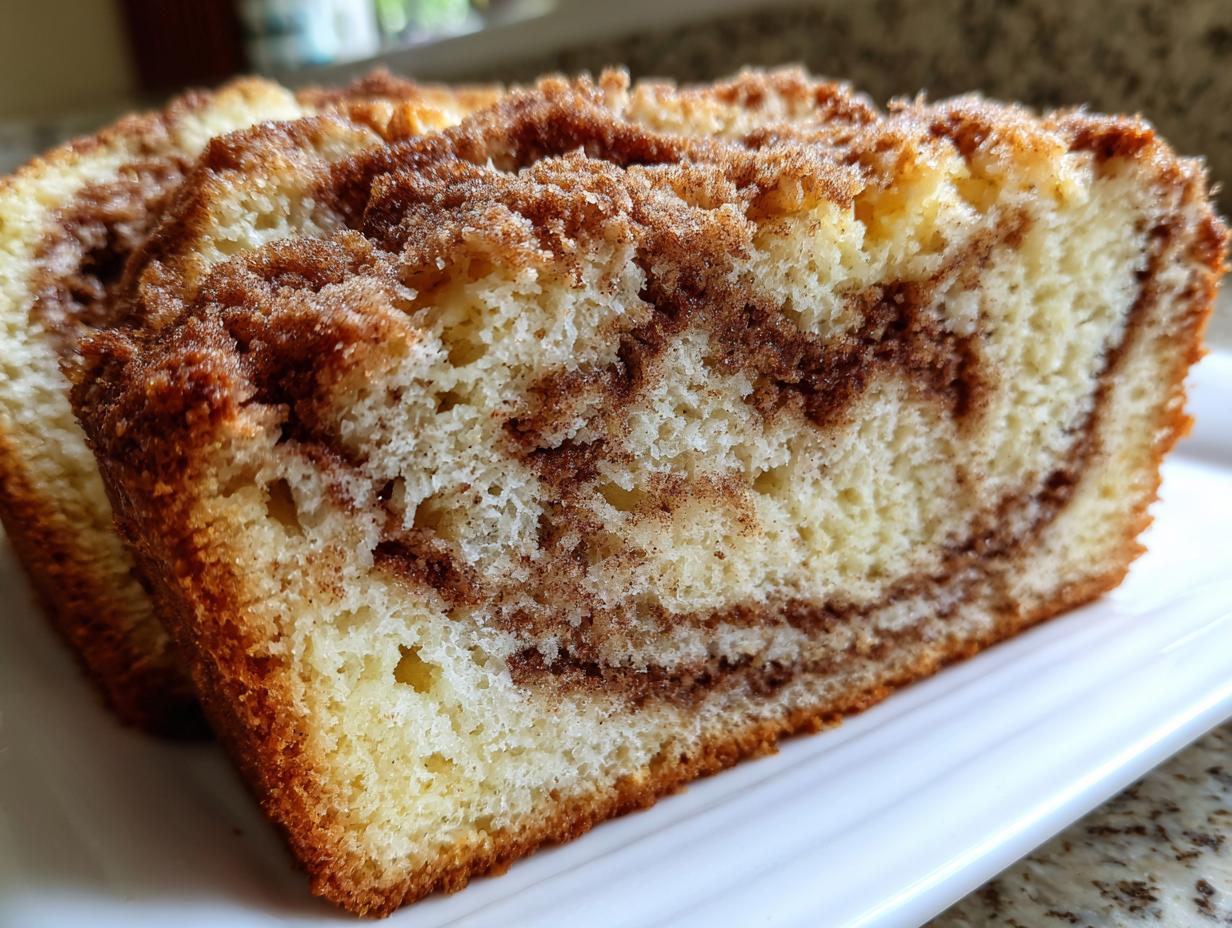 Close-up of a moist slice of cinnamon bread showing a rich cinnamon swirl and crumbly streusel topping.