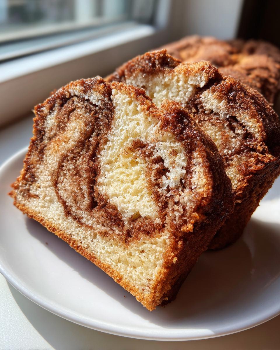 Two thick slices of moist cinnamon bread showing a beautiful swirl pattern, served on a white plate.