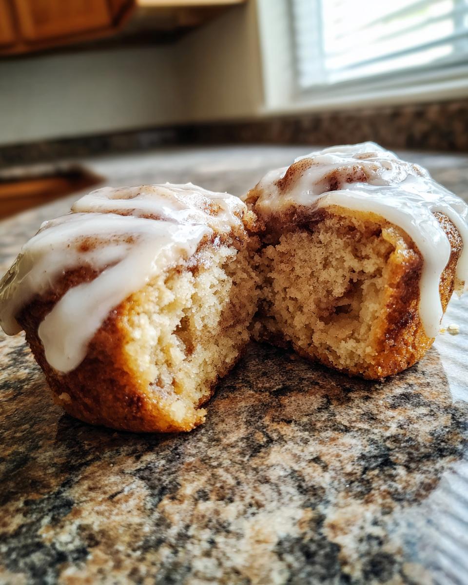 A cinnamon roll muffin cut in half showing the soft, swirled interior and thick vanilla glaze on top.