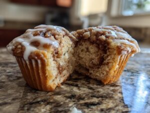 A cinnamon roll muffin cut in half showing the swirl and topped with white icing, highlighting the texture of the cinnamon roll muffins.