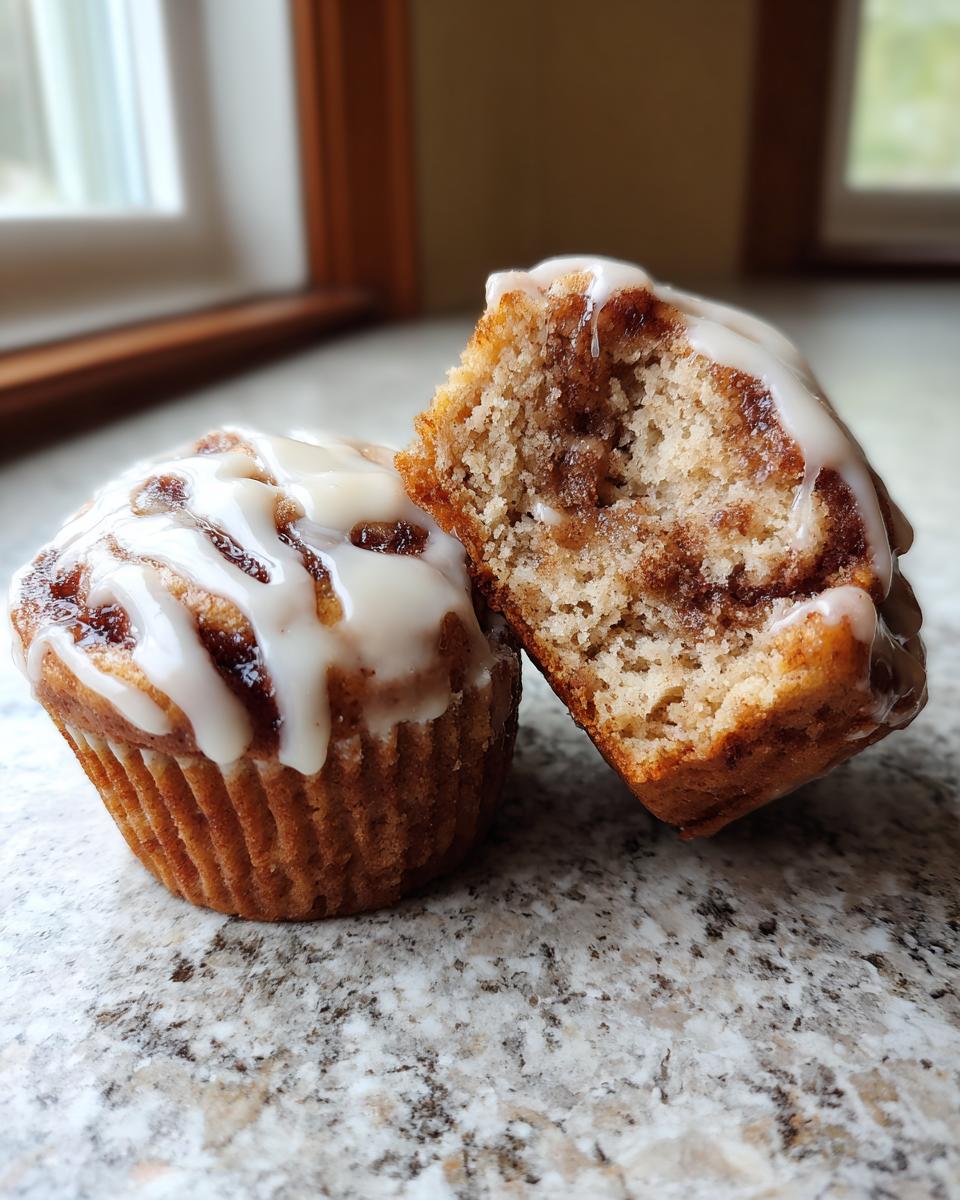 Two delicious cinnamon roll muffins, one cut in half to show the swirl, topped with white glaze.