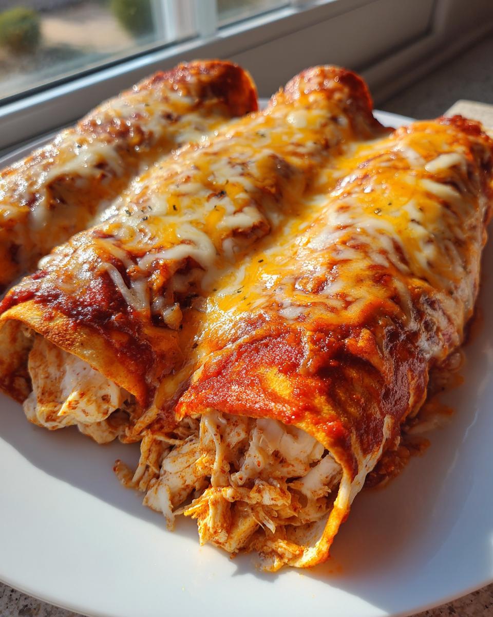 Three baked easy chicken enchiladas covered in red sauce and melted orange and white cheese, showing shredded chicken filling.