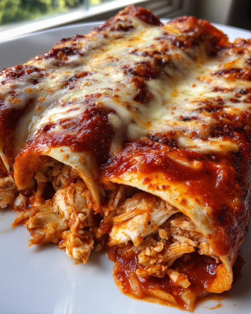 Close-up view of two easy chicken enchiladas smothered in red sauce and melted cheese, showing shredded chicken filling.