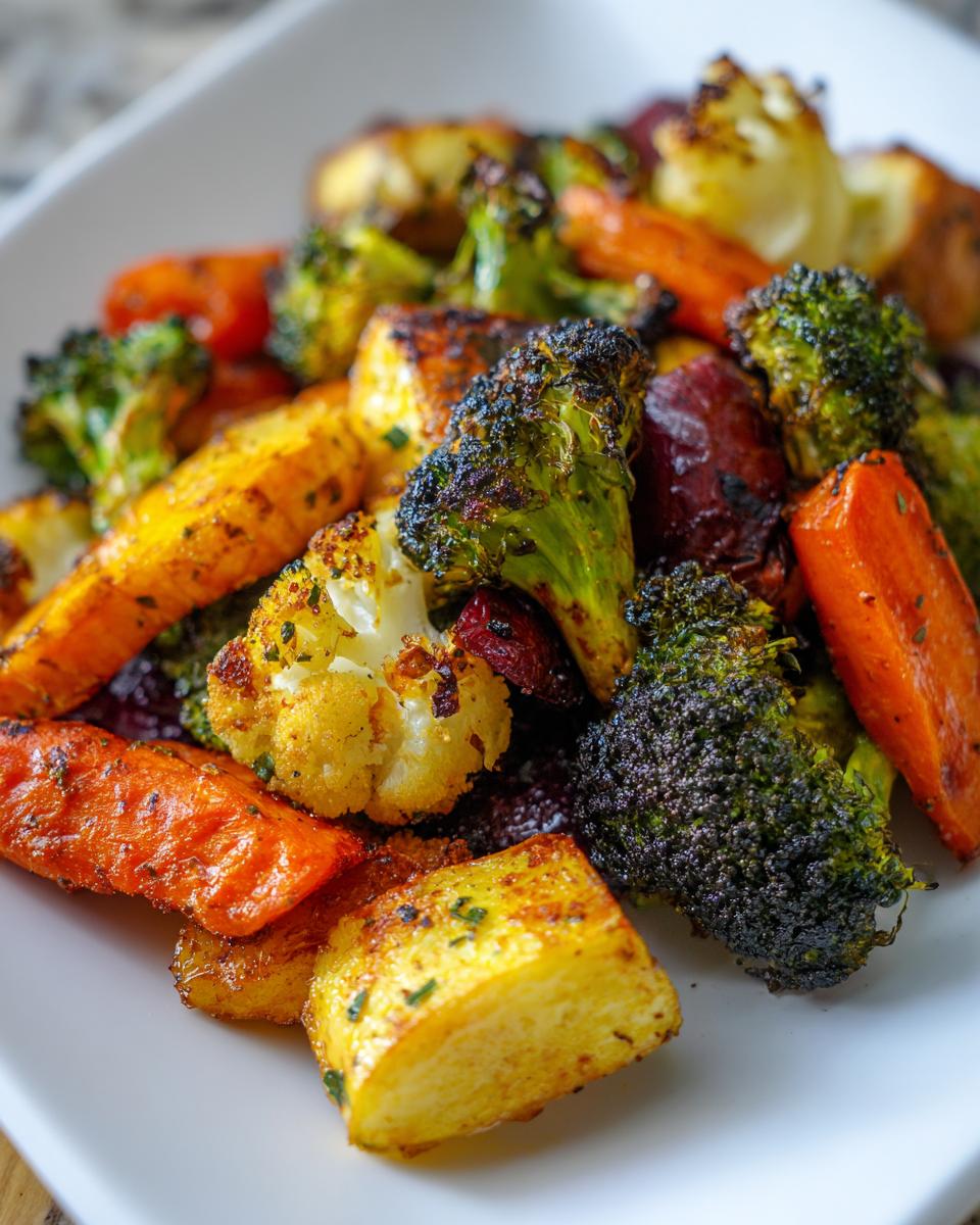 Close-up of beautifully caramelized roasted vegetables including broccoli, carrots, cauliflower, and potatoes.