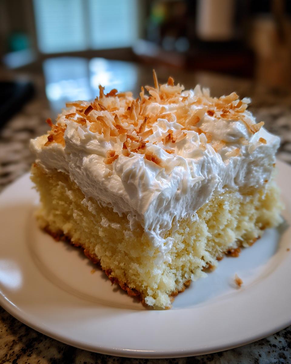 A moist slice of coconut poke cake topped with whipped cream and toasted coconut flakes.