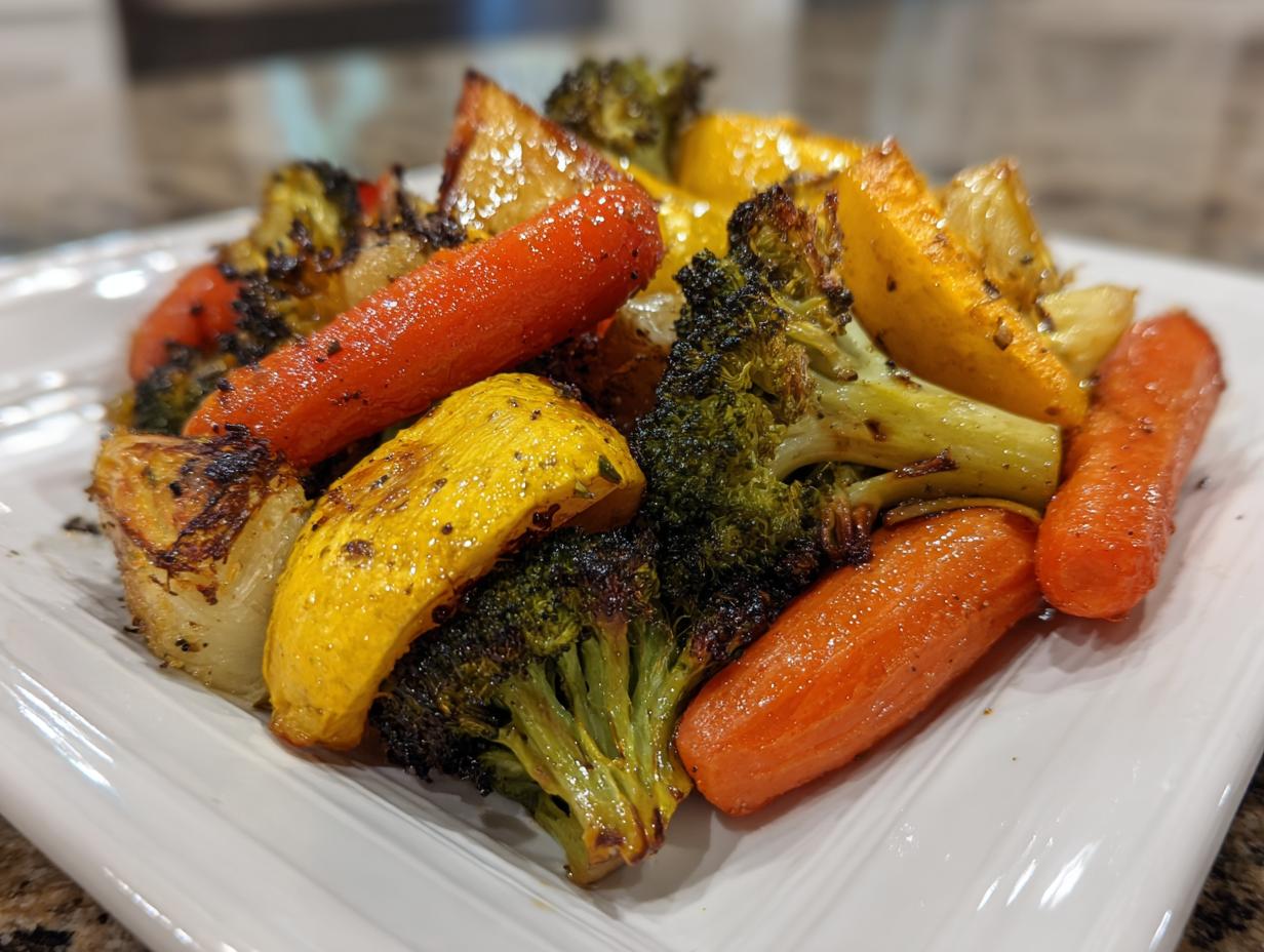 Close-up of colorful roasted vegetables including bright orange carrots, yellow squash, and charred broccoli florets.