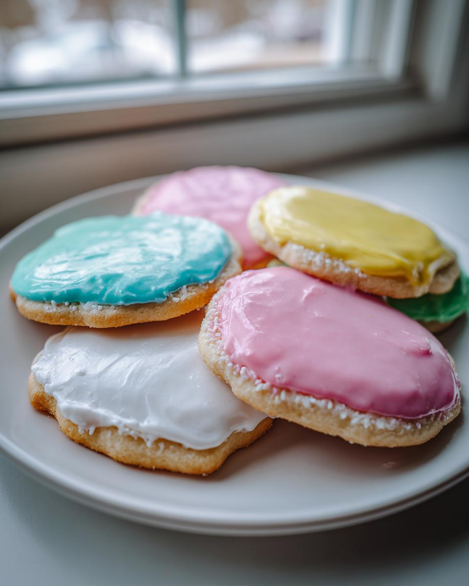 Close-up of sugar cookies topped with vibrant, colorful sugar cookie icing in pink, blue, white, and yellow.