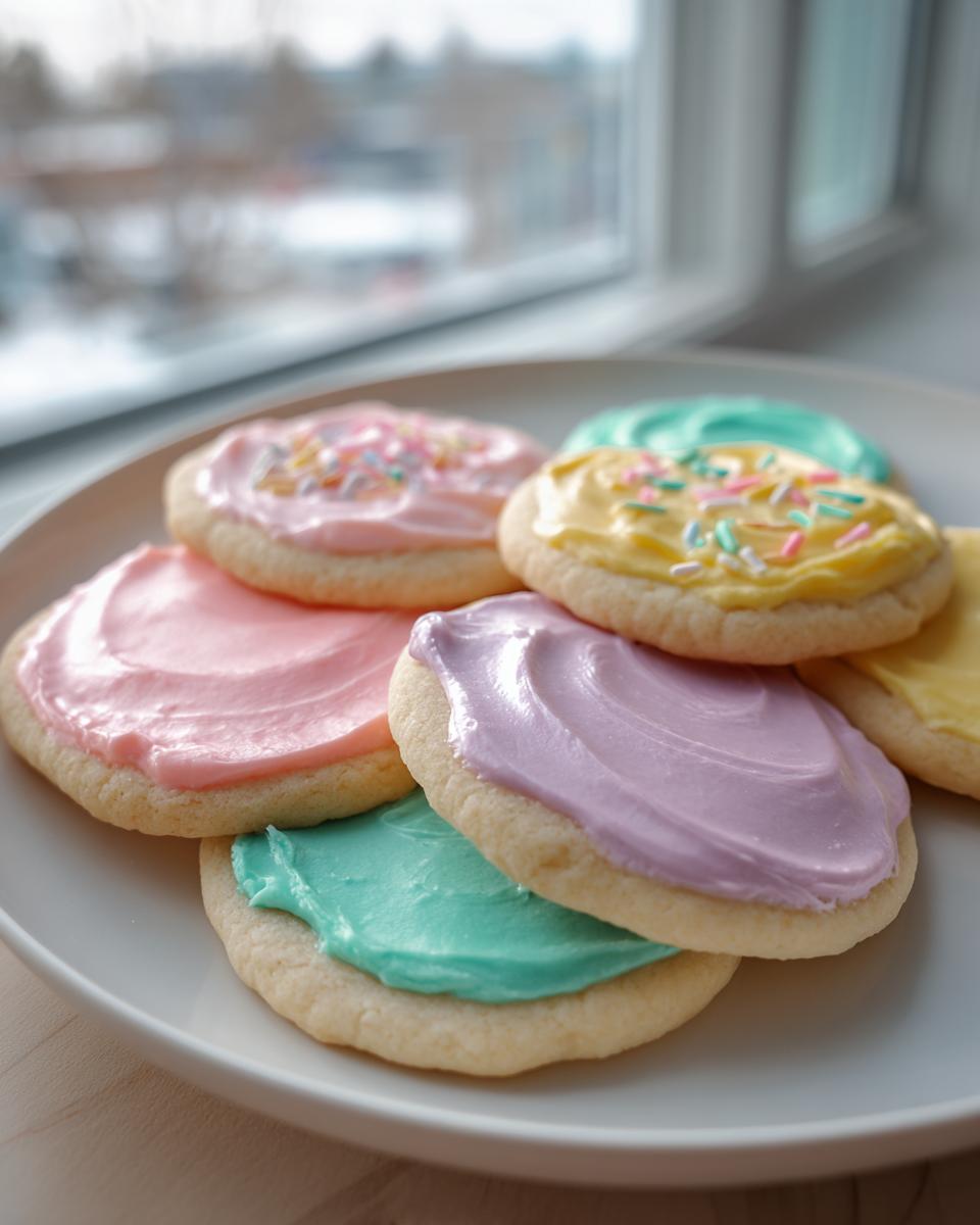 Close-up of soft sugar cookies topped with vibrant pink, purple, yellow, and teal sugar cookie icing on a white plate.