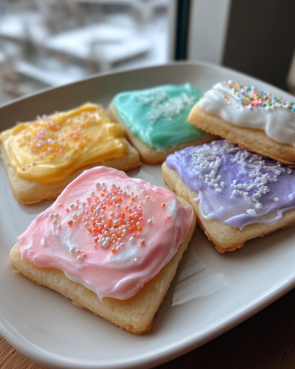 Five square sugar cookies topped with brightly colored, glossy sugar cookie icing and sprinkles.