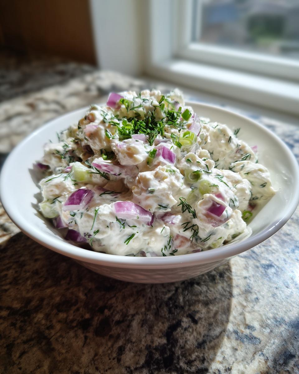 A white bowl filled with creamy cottage cheese chicken salad mixed with red onion and topped with fresh dill.