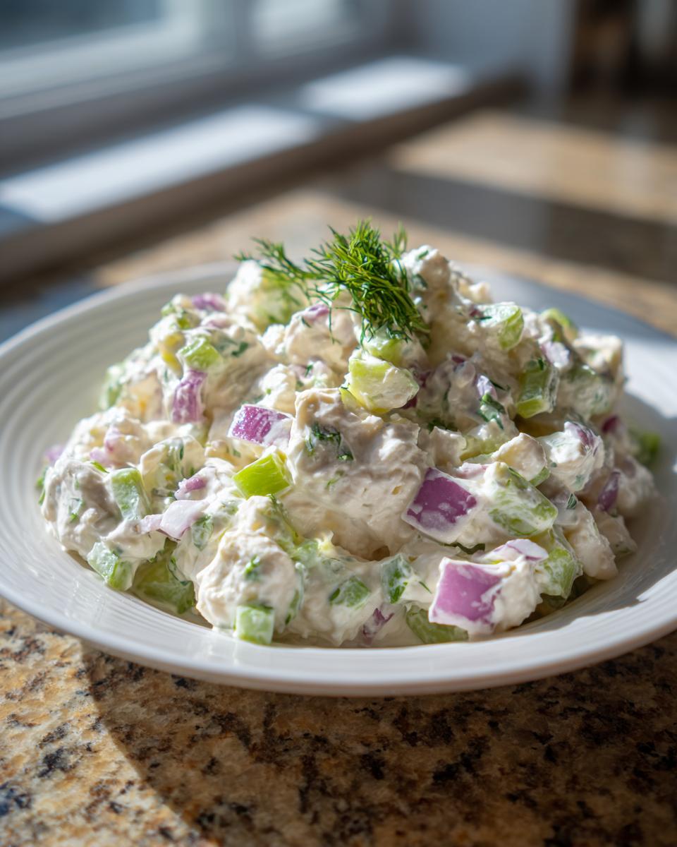 A bowl of creamy cottage cheese chicken salad mixed with celery and red onion, topped with fresh dill.