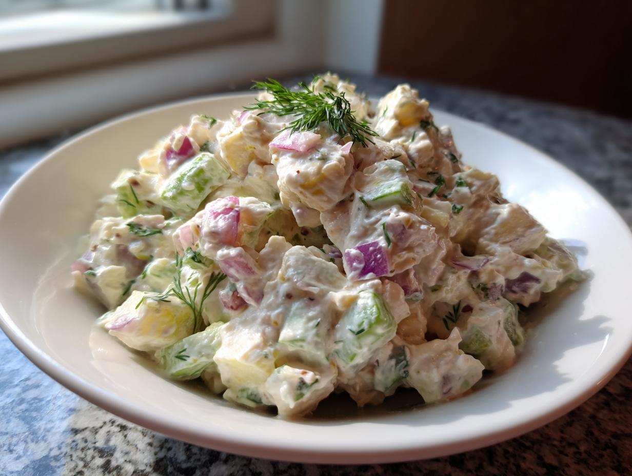 Close-up of creamy cottage cheese chicken salad with chunks of chicken, red onion, and celery, garnished with dill.
