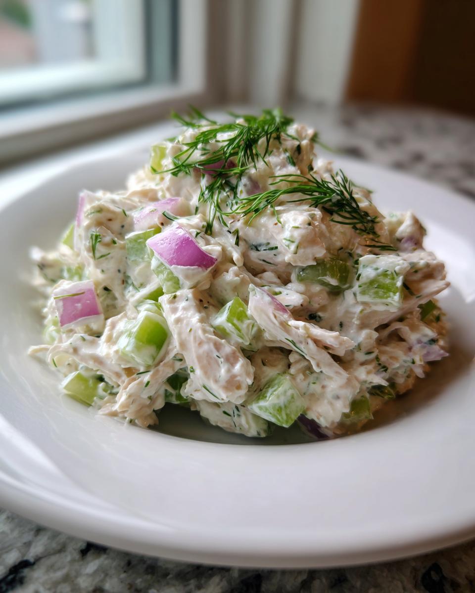A scoop of creamy cottage cheese chicken salad mixed with celery and red onion, topped with fresh dill.