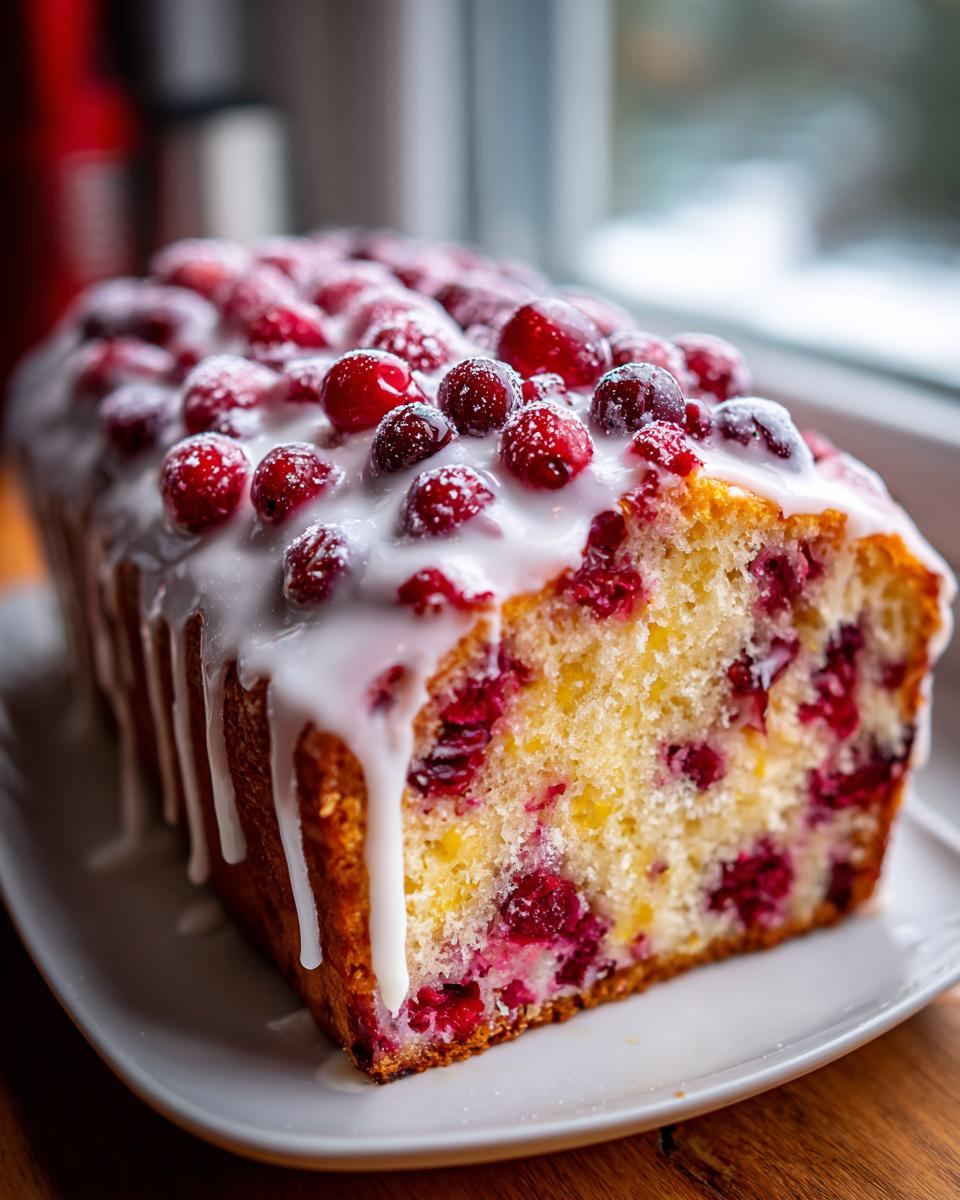 A close-up of a moist cranberry orange cake loaf topped with white glaze and fresh cranberries.