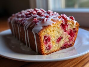 A close-up of a sliced cranberry orange cake loaf topped with white glaze and whole cranberries.