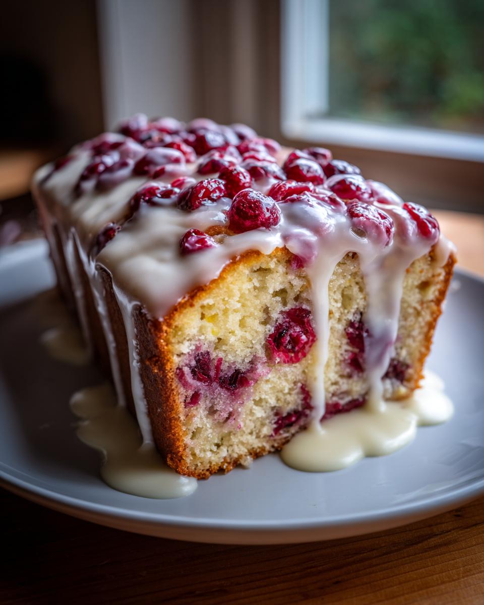 A loaf of moist cranberry orange cake topped with whole cranberries and dripping with white citrus glaze.