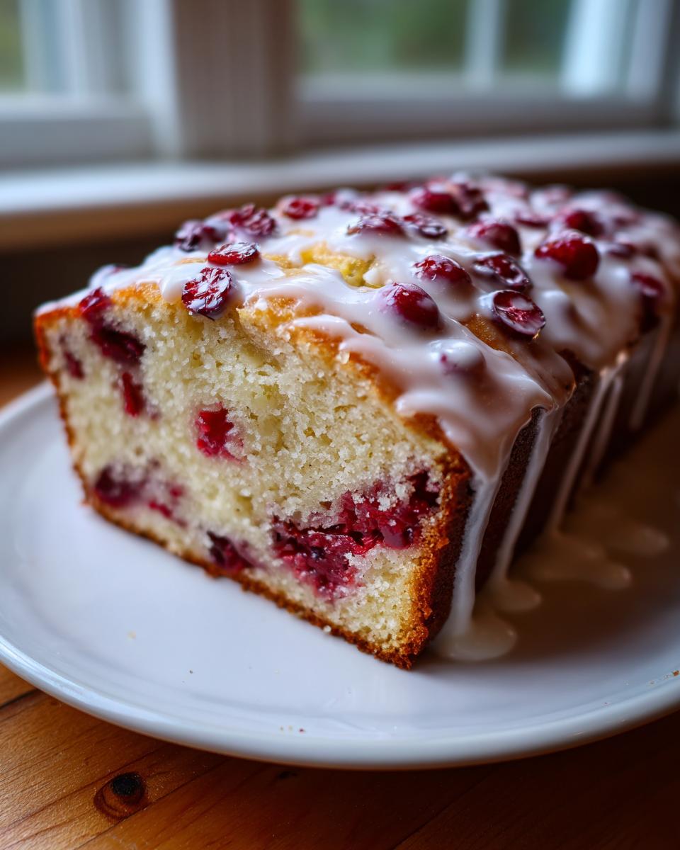 A close-up of a moist cranberry orange cake loaf drizzled with white glaze and topped with whole cranberries.