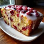 A moist slice of cranberry orange cake topped with white glaze and whole cranberries.