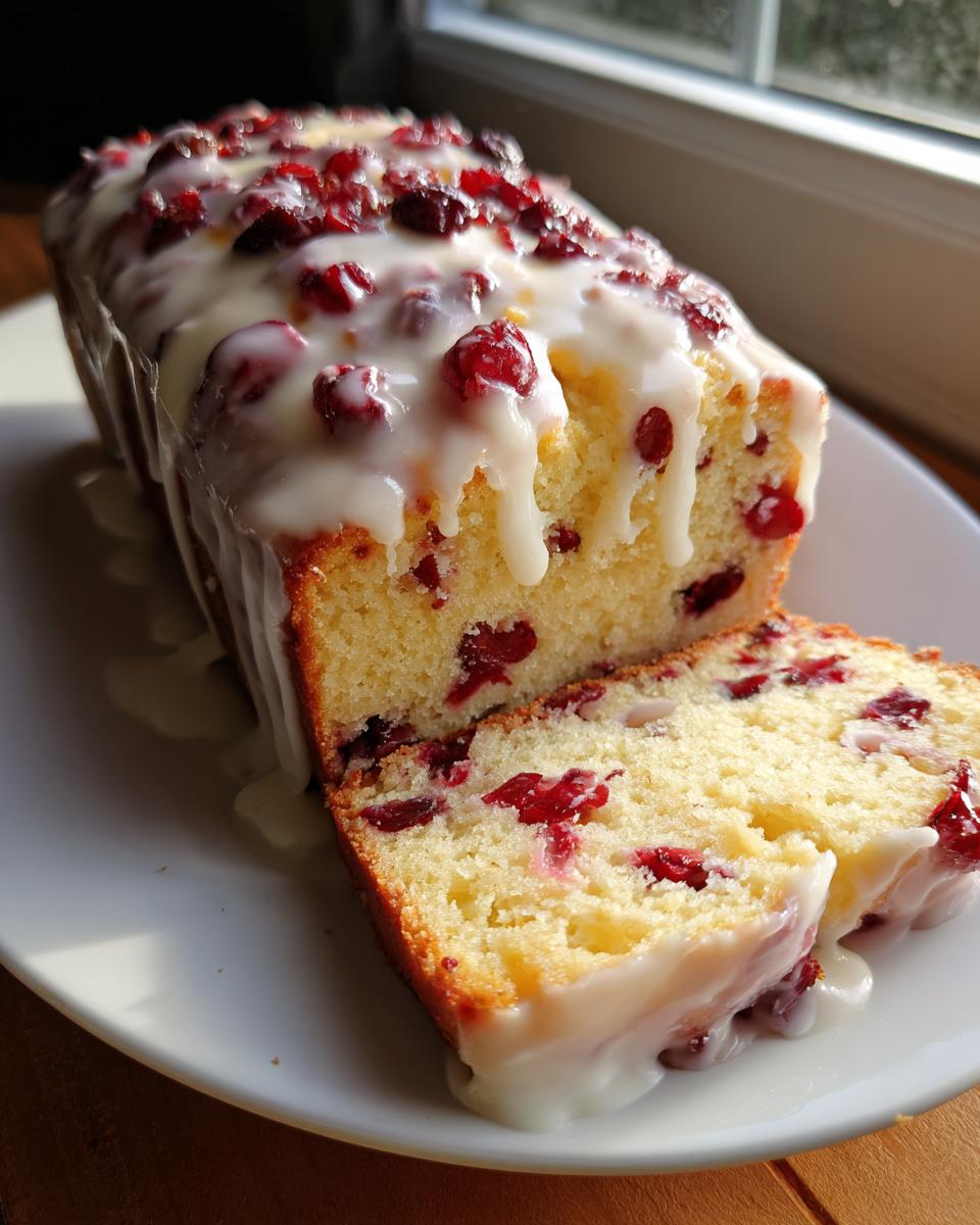 A close-up of a sliced cranberry orange cake loaf topped with a thick white glaze and whole cranberries.