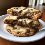 A stack of three soft cream cheese chocolate chip cookies, with the top two broken open to show the gooey interior.