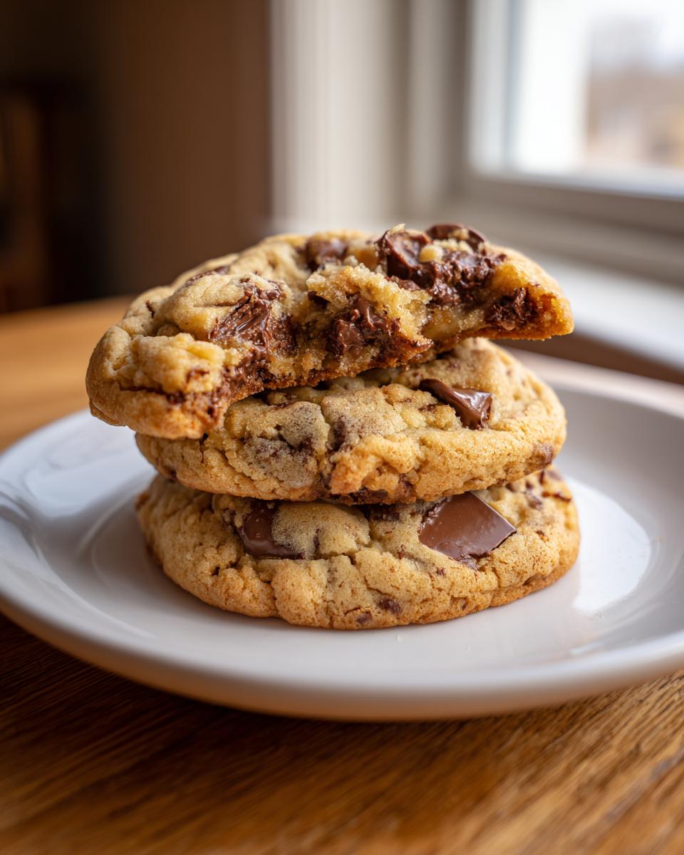 A stack of three soft cream cheese chocolate chip cookies on a white plate, with the top one broken open to show the gooey center.
