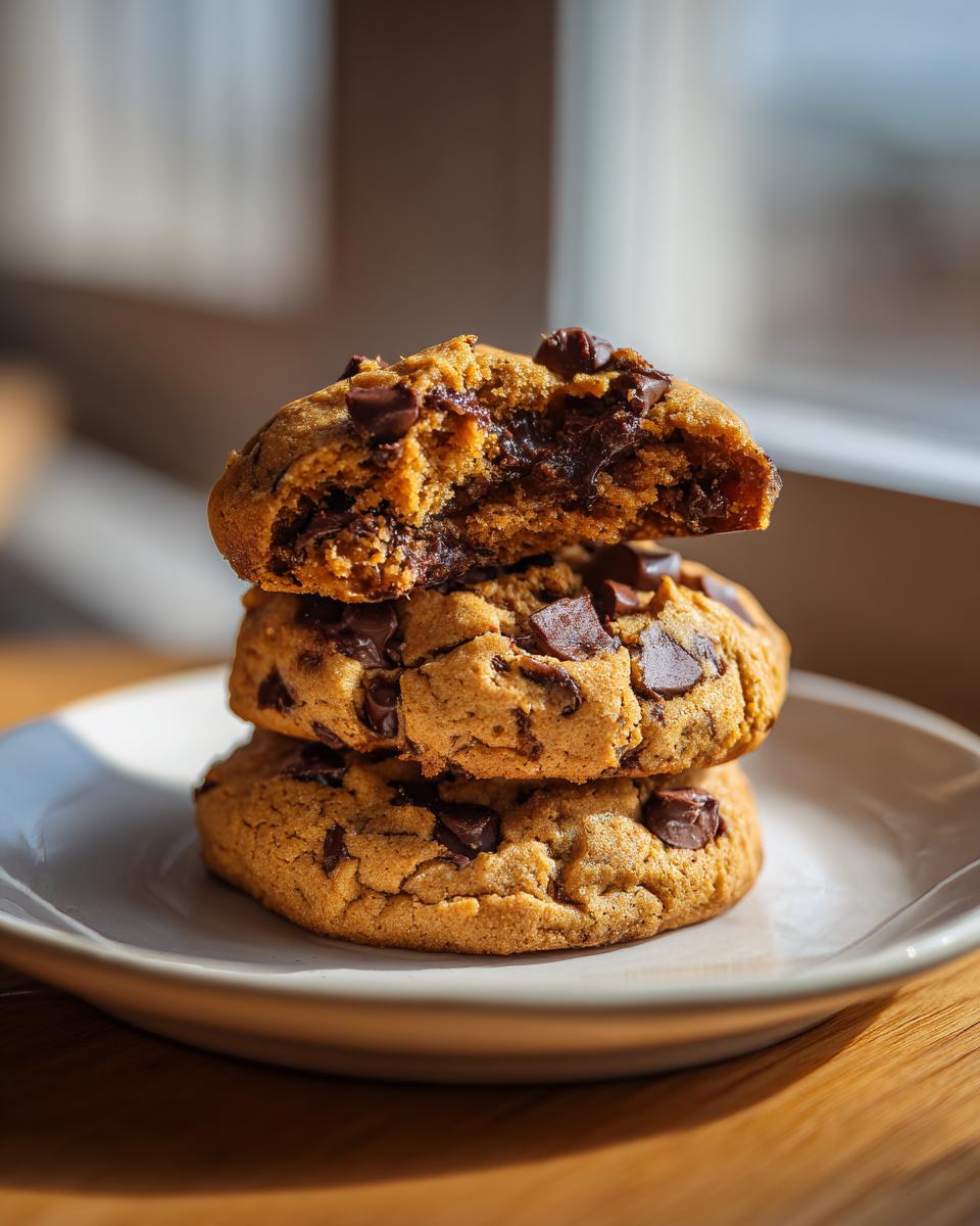 A stack of three rich cream cheese chocolate chip cookies, with the top one broken open revealing gooey melted chocolate.