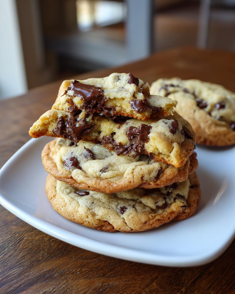 Stack of three soft cream cheese chocolate chip cookies, with the top one broken open revealing gooey melted chocolate.