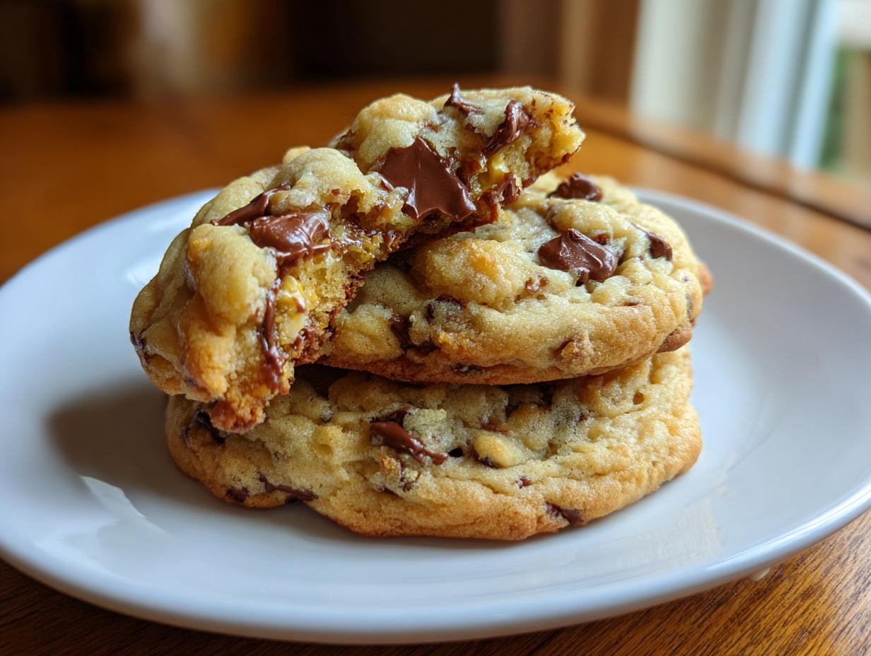 Stack of three soft cream cheese chocolate chip cookies, one broken open showing gooey melted chocolate.