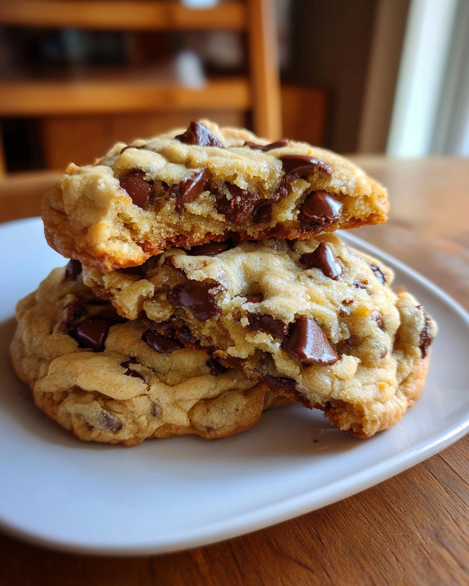Two soft cream cheese chocolate chip cookies stacked, one broken open to show gooey chocolate chips inside.